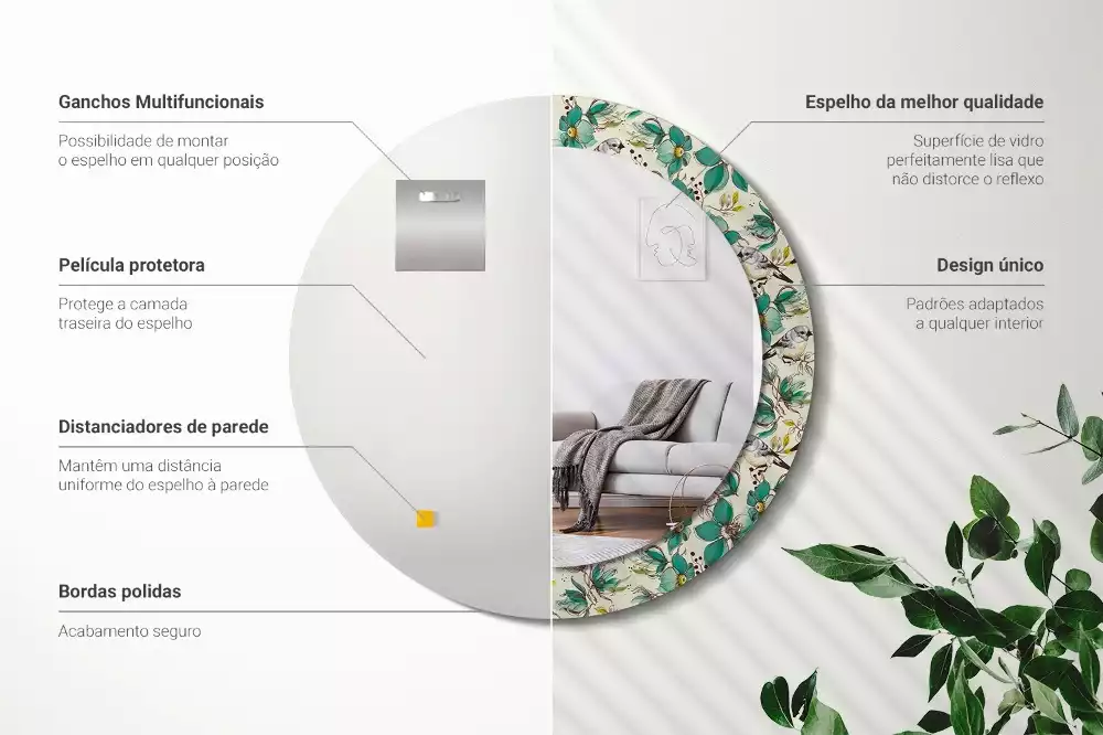 Espejo redondo estampado Flores y pájaros