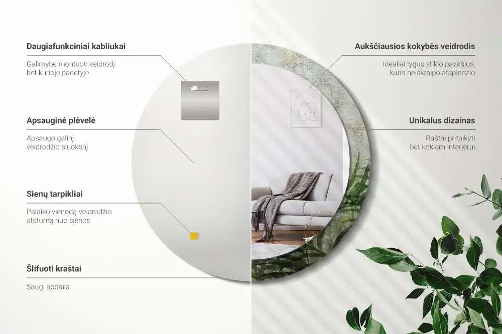 Espejo redondo con decoración hojas de helecho