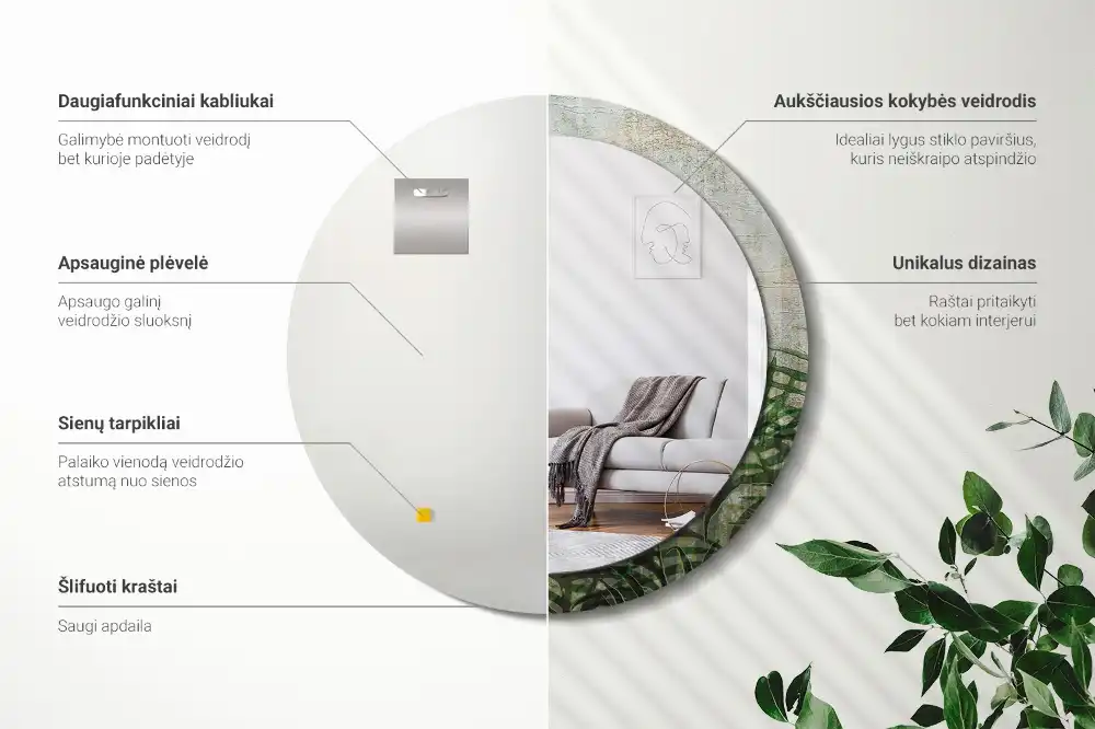 Espejo redondo con decoración hojas de helecho