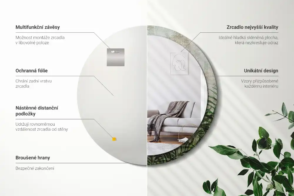 Espejo redondo con decoración hojas de helecho