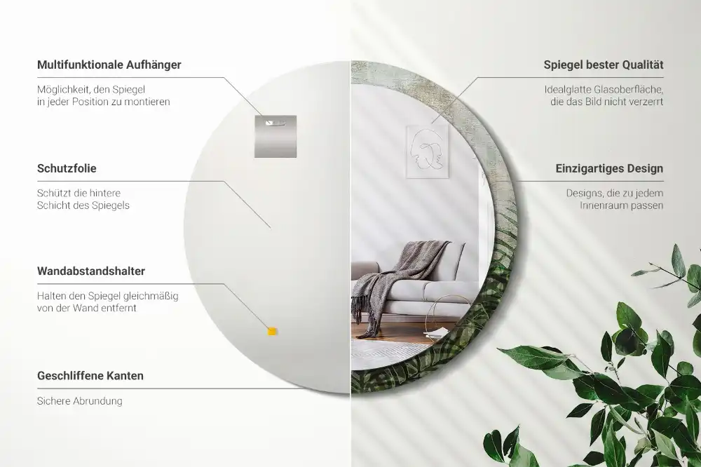 Espejo redondo con decoración hojas de helecho