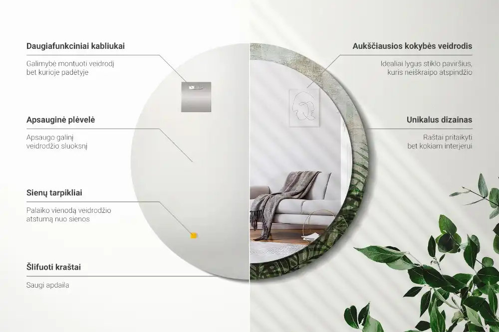 Espejo redondo con decoración hojas de helecho