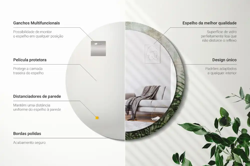 Espejo redondo con decoración hojas de helecho