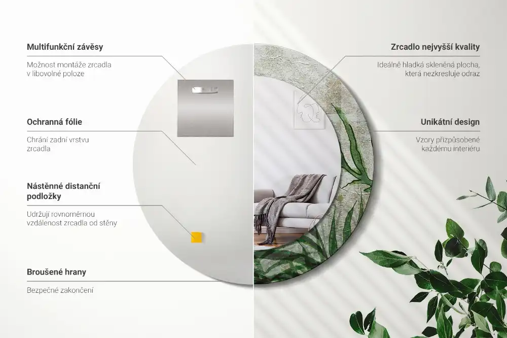 Espejo redondo con decoración hojas de helecho