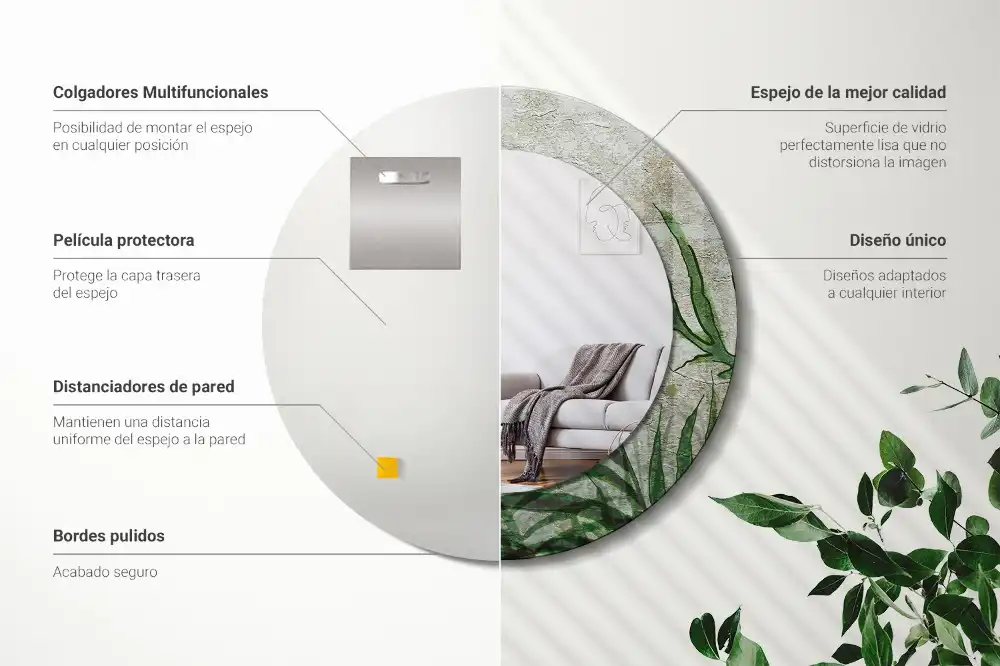 Espejo redondo con decoración hojas de helecho