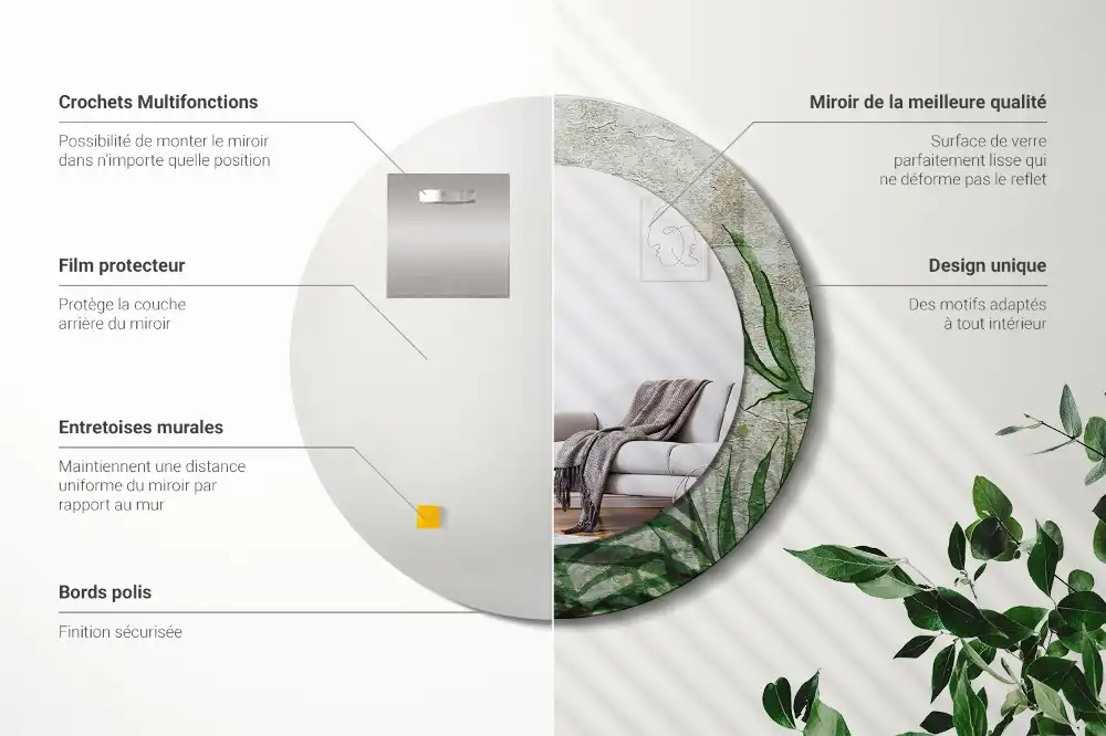 Espejo redondo con decoración hojas de helecho