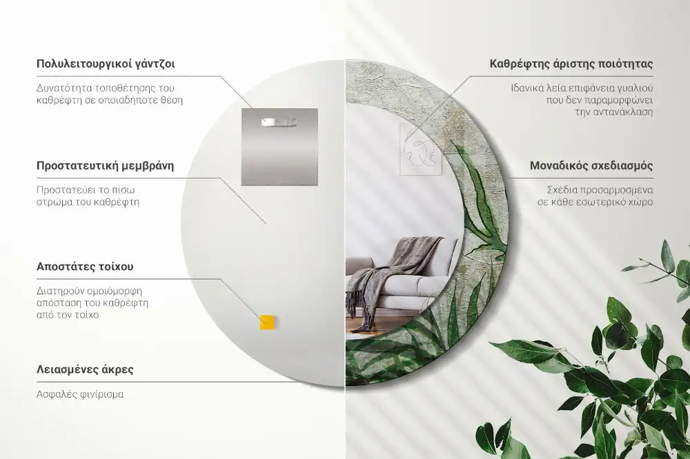 Espejo redondo con decoración hojas de helecho