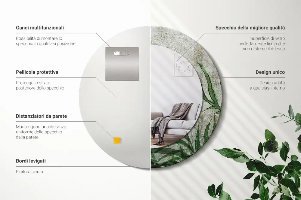 Espejo redondo con decoración hojas de helecho