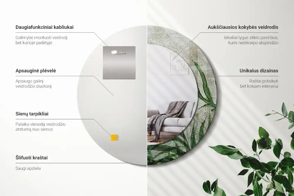 Espejo redondo con decoración hojas de helecho