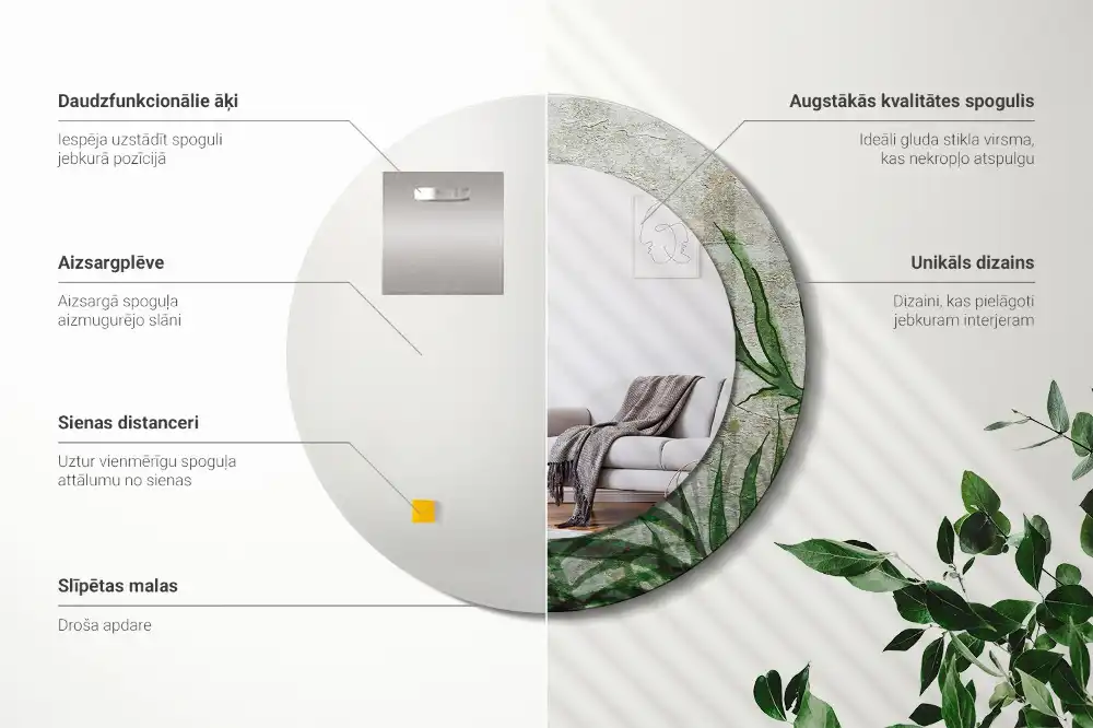 Espejo redondo con decoración hojas de helecho