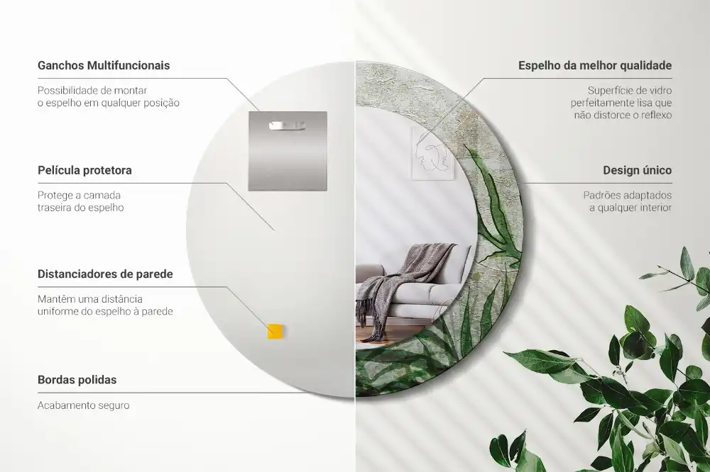 Espejo redondo con decoración hojas de helecho