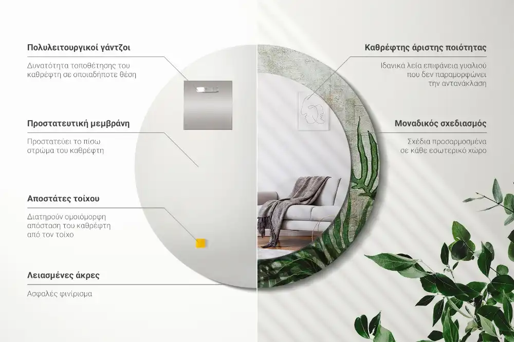 Espejo redondo con decoración hojas de helecho