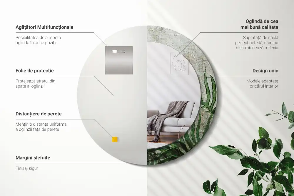 Espejo redondo con decoración hojas de helecho