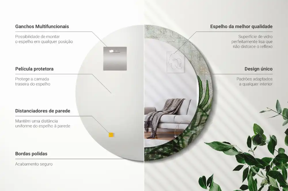 Espejo redondo con decoración hojas de helecho