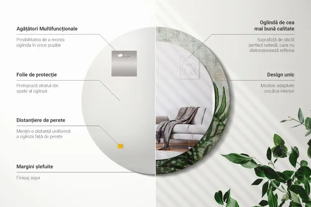 Espejo redondo con decoración hojas de helecho