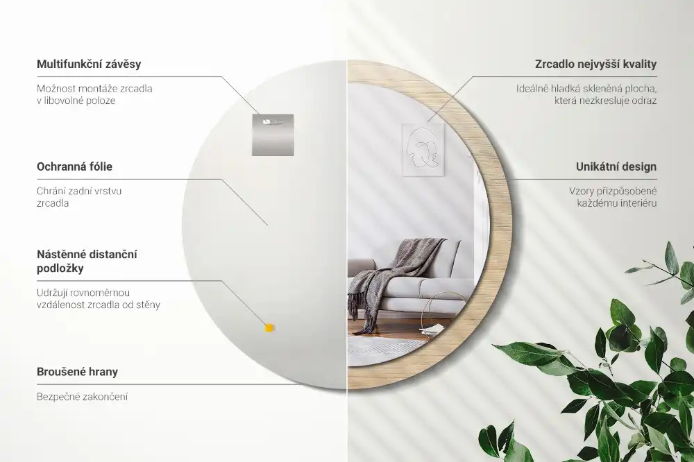 Espejo redondo estampado Madera clara