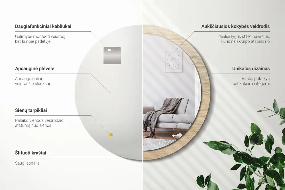 Espejo redondo estampado Madera clara