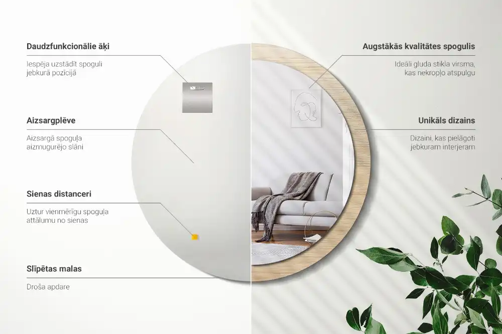 Espejo redondo estampado Madera clara