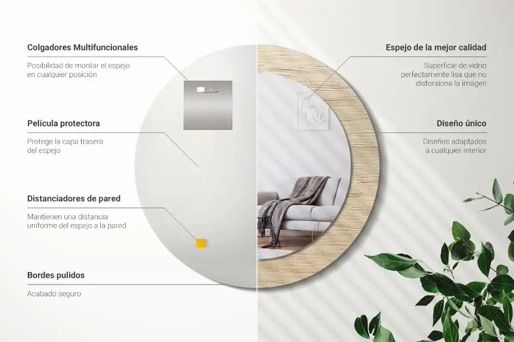 Espejo redondo estampado Madera clara