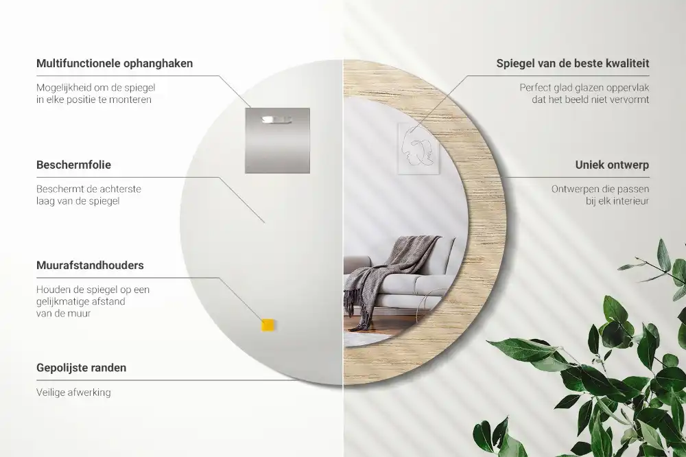 Espejo redondo estampado Madera clara