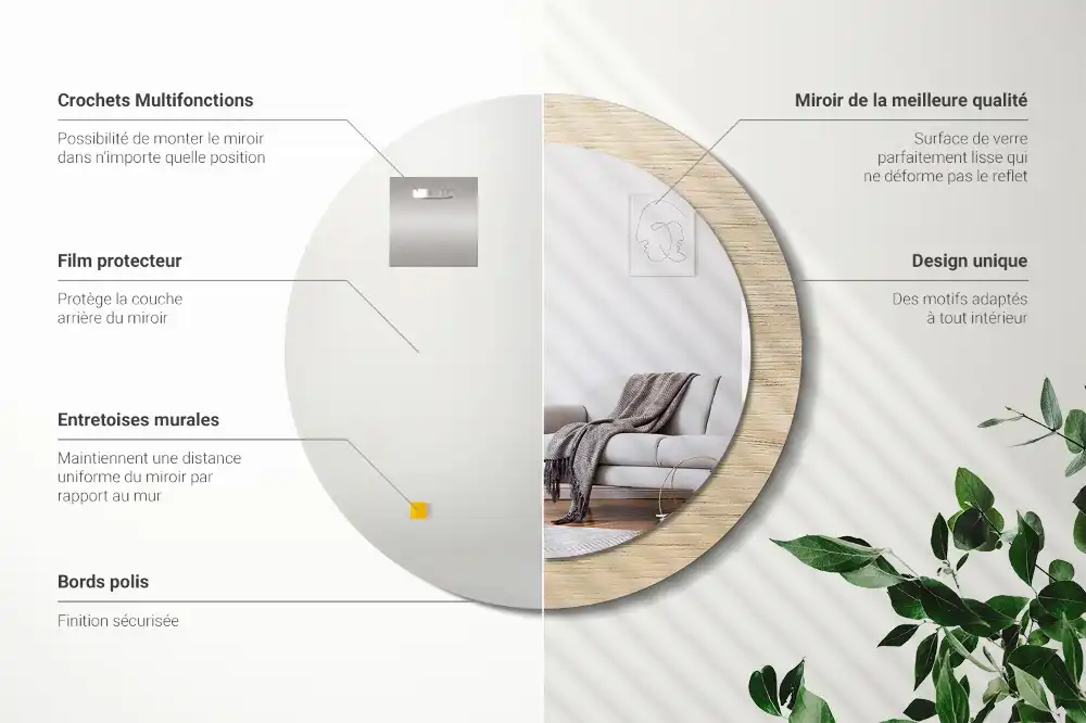 Espejo redondo estampado Madera clara