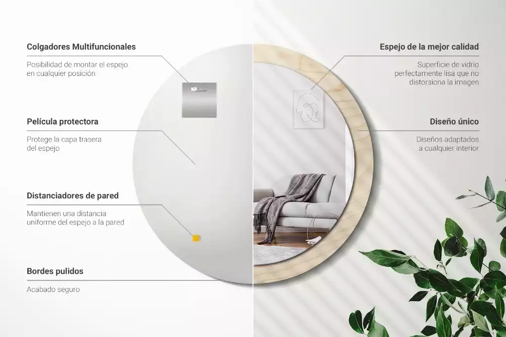 Espejo redondo con decoración Madera clara