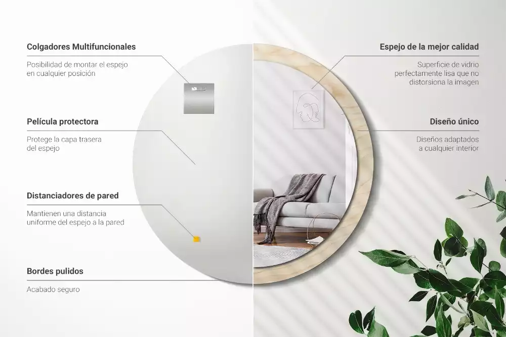 Espejo redondo con decoración Madera clara