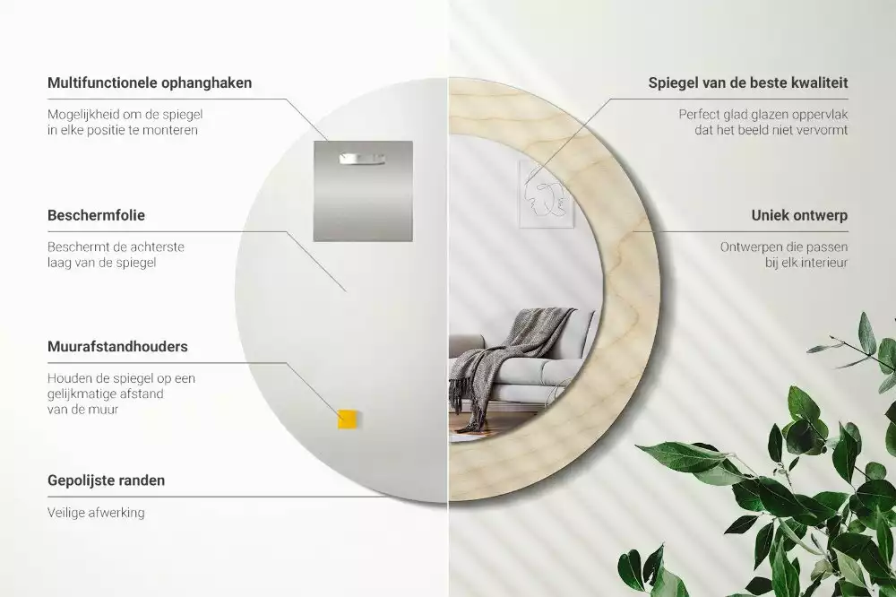 Espejo redondo con decoración Madera clara