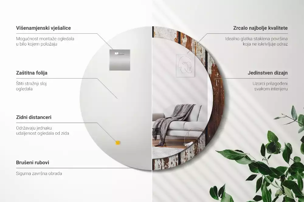 Espejo redondo impreso Madera oscura vintage