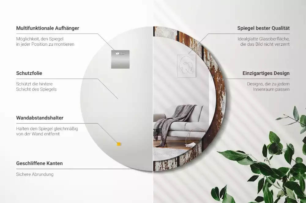 Espejo redondo impreso Madera oscura vintage