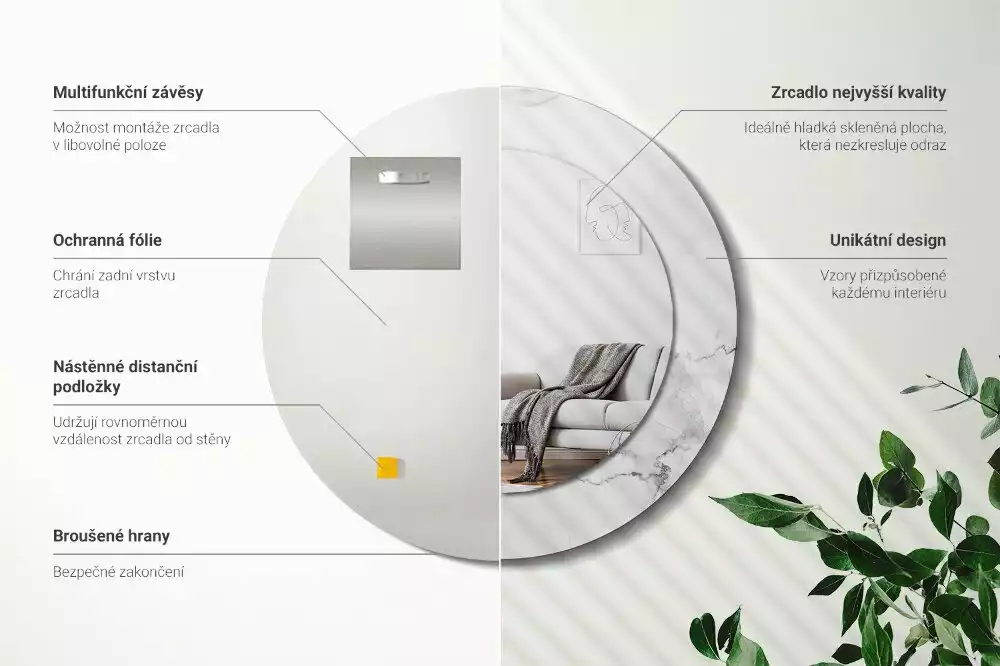 Espejo redondo impreso mármol blanco