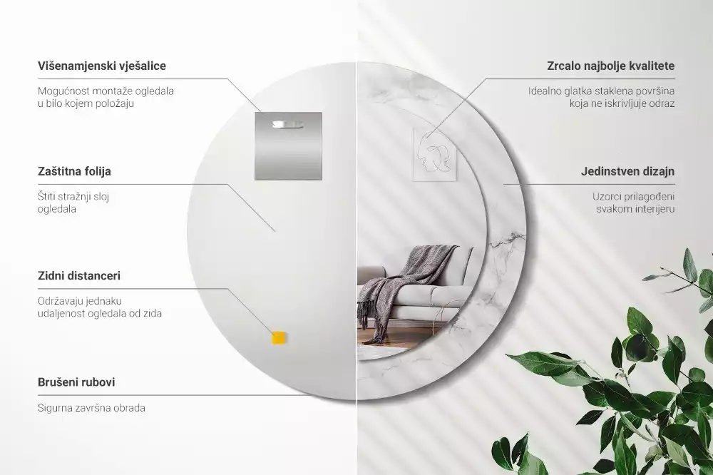 Espejo redondo impreso mármol blanco