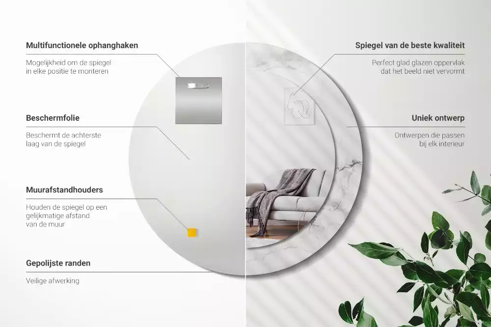 Espejo redondo impreso mármol blanco