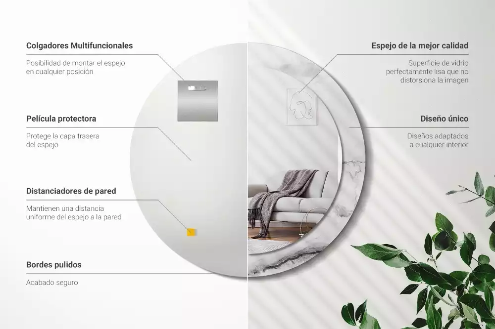 Espejo redondo impreso mármol blanco