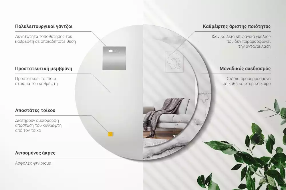 Espejo redondo impreso mármol blanco