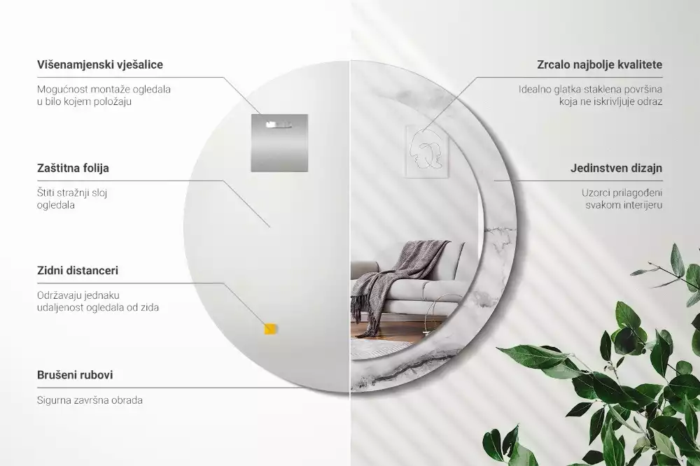 Espejo redondo impreso mármol blanco