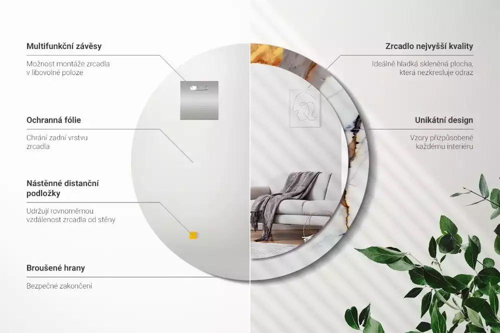 Espejo redondo estampado mármol blanco