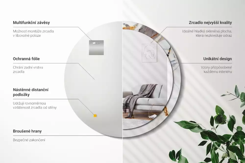 Espejo redondo estampado mármol blanco