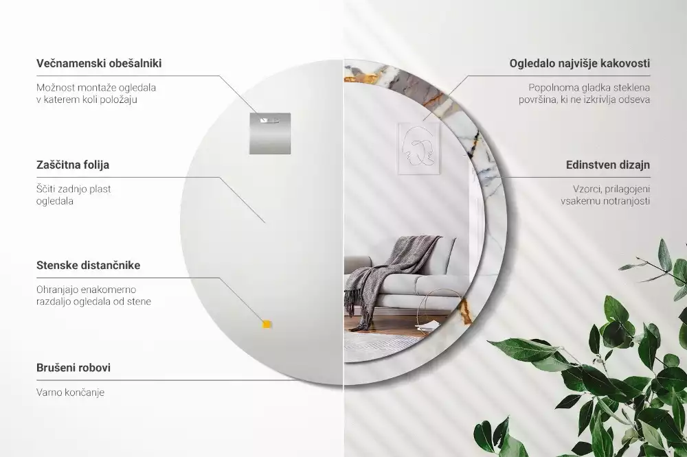 Espejo redondo estampado mármol blanco