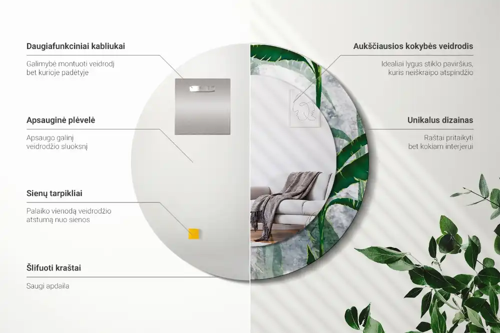 Espejo redondo impreso Hojas tropicales