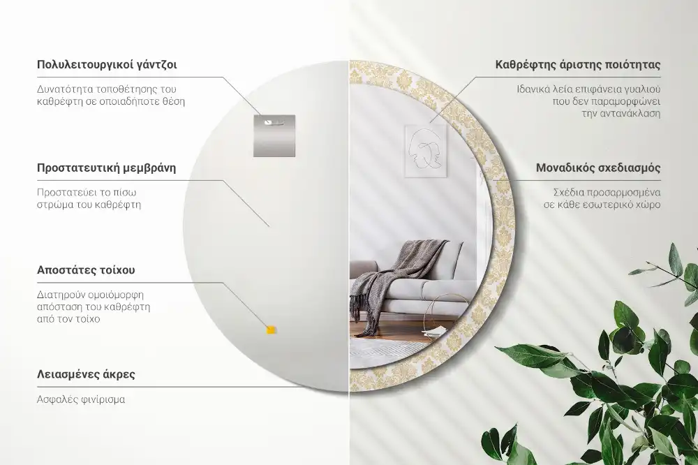 Espejo redondo estampado Patrón barroco