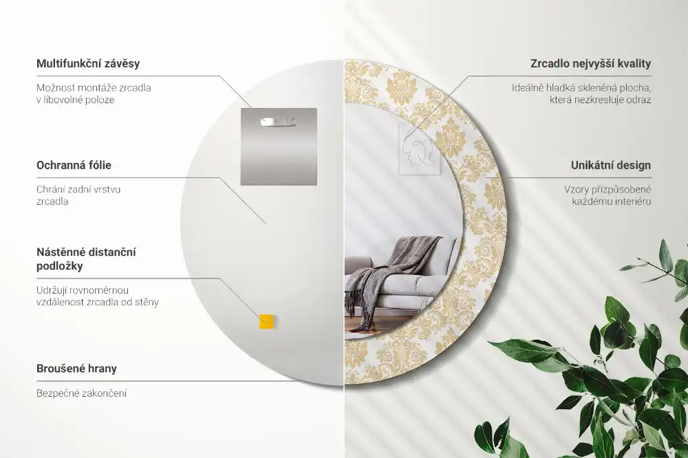 Espejo redondo estampado Patrón barroco