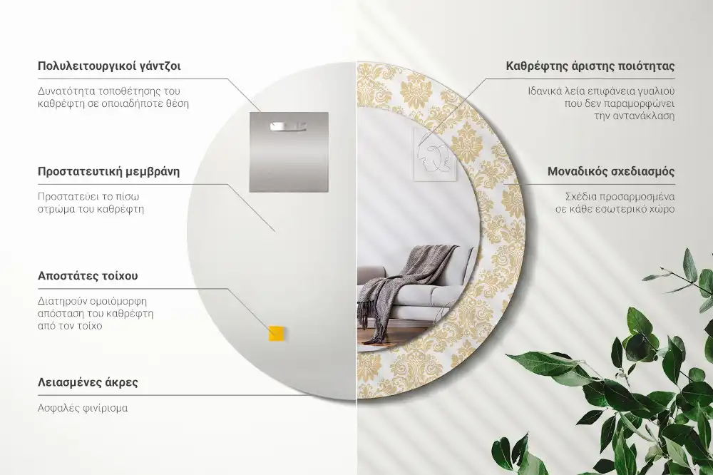 Espejo redondo estampado Patrón barroco