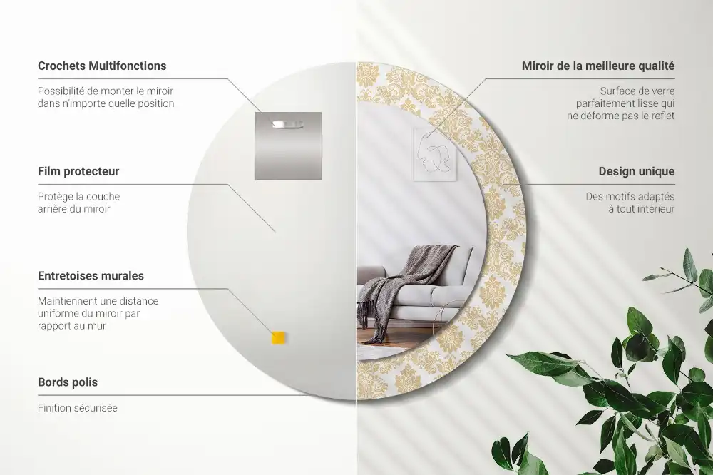 Espejo redondo estampado Patrón barroco