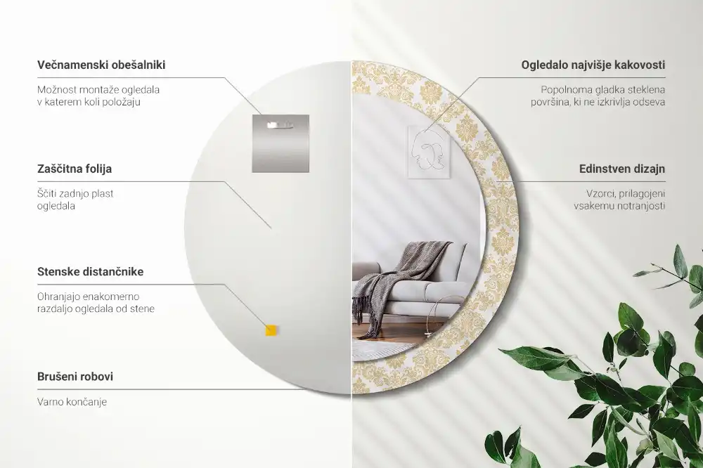 Espejo redondo estampado Patrón barroco