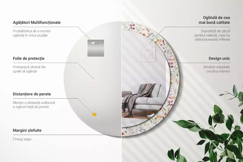 Espejo redondo con decoración flores silvestres