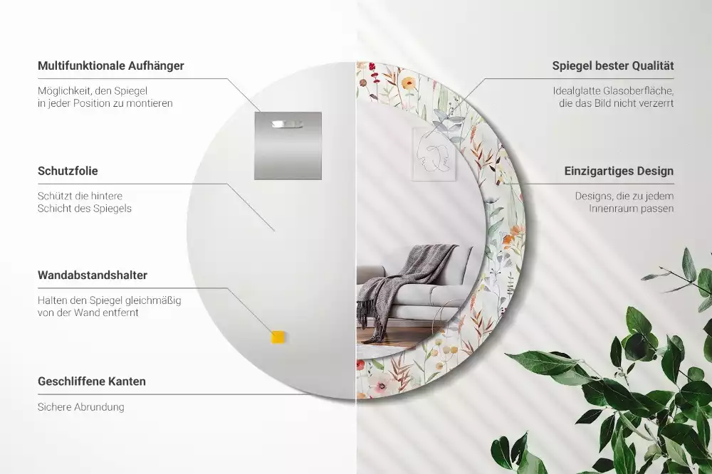 Espejo redondo con decoración flores silvestres