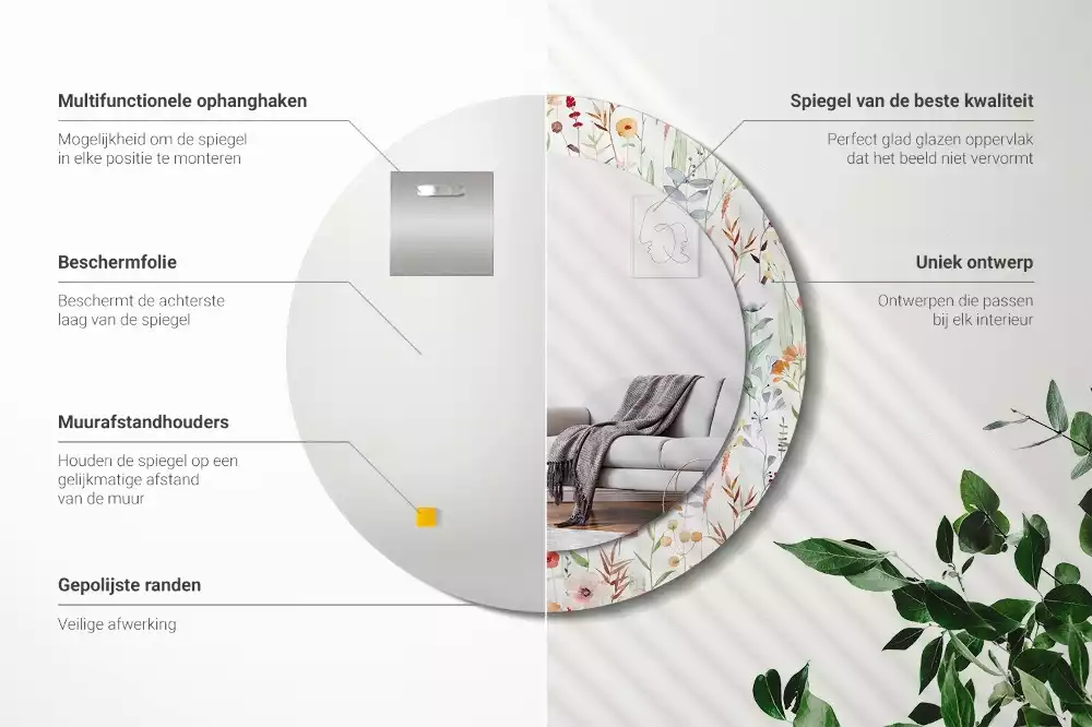 Espejo redondo con decoración flores silvestres