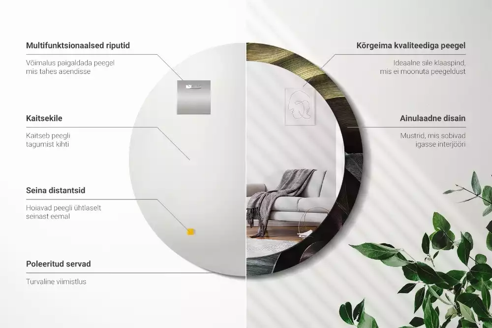 Espejo redondo con decoración Hojas tropicales oscuras