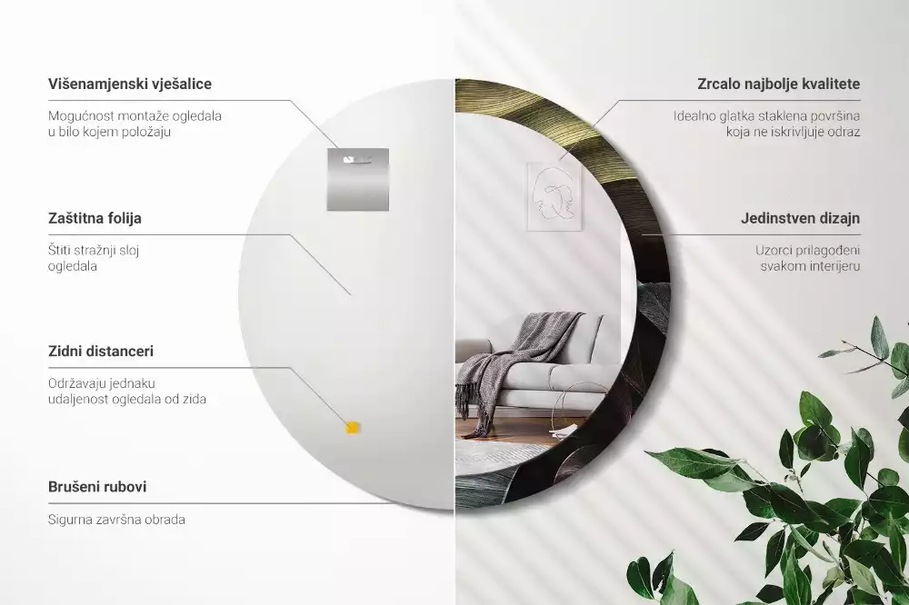 Espejo redondo con decoración Hojas tropicales oscuras